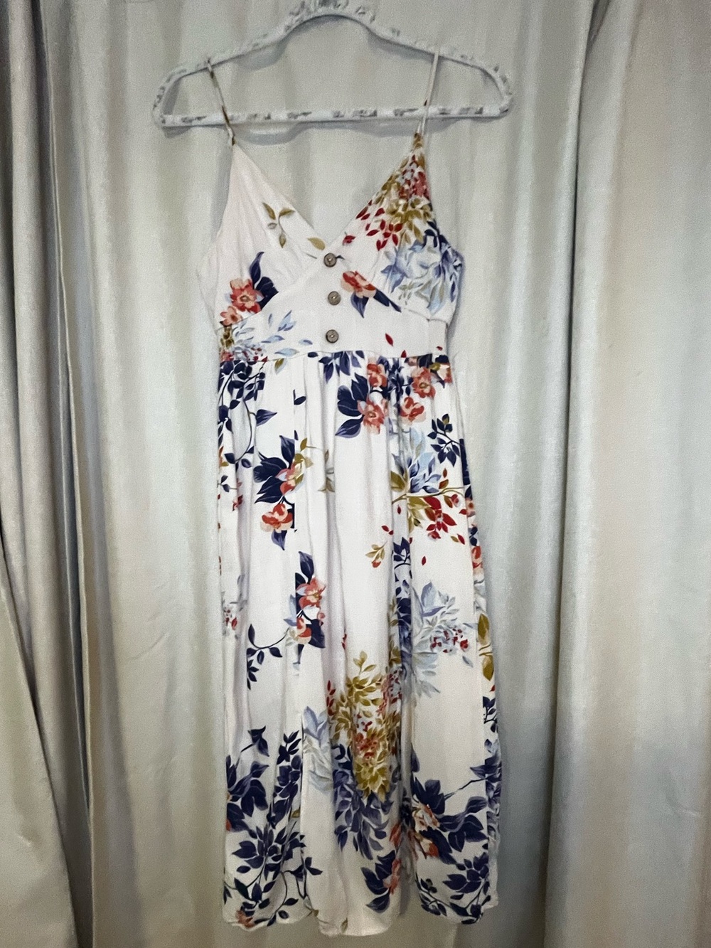 White Floral Spaghetti Strap Midi Dress